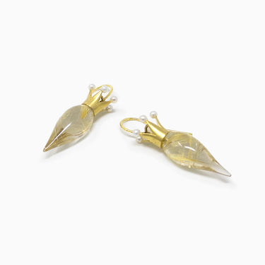 Rutile Quartz and Pearl Earrings / Gold
